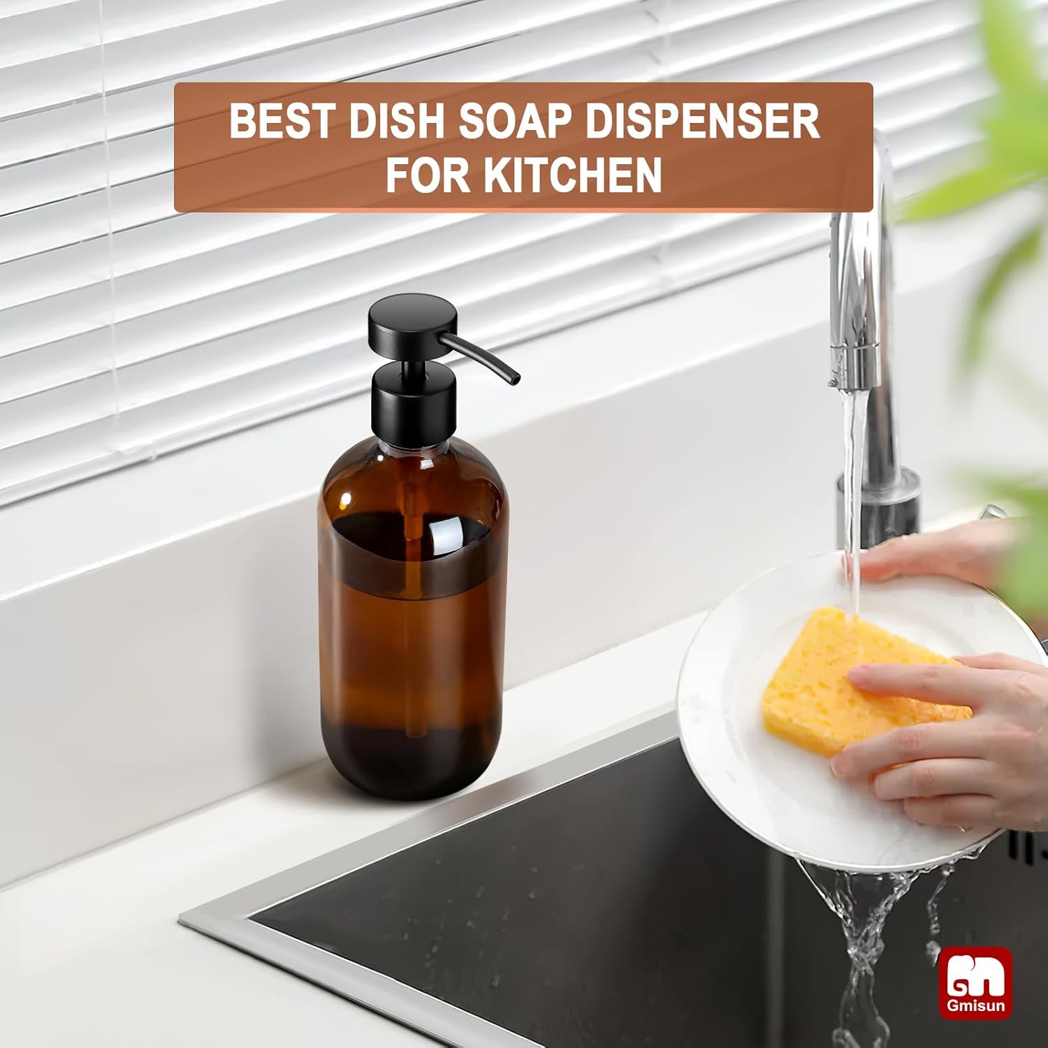 GMISUN 17 Fl Oz Amber Glass Soap Dispenser with Stainless Steel Pump for Kitchen - Image 6