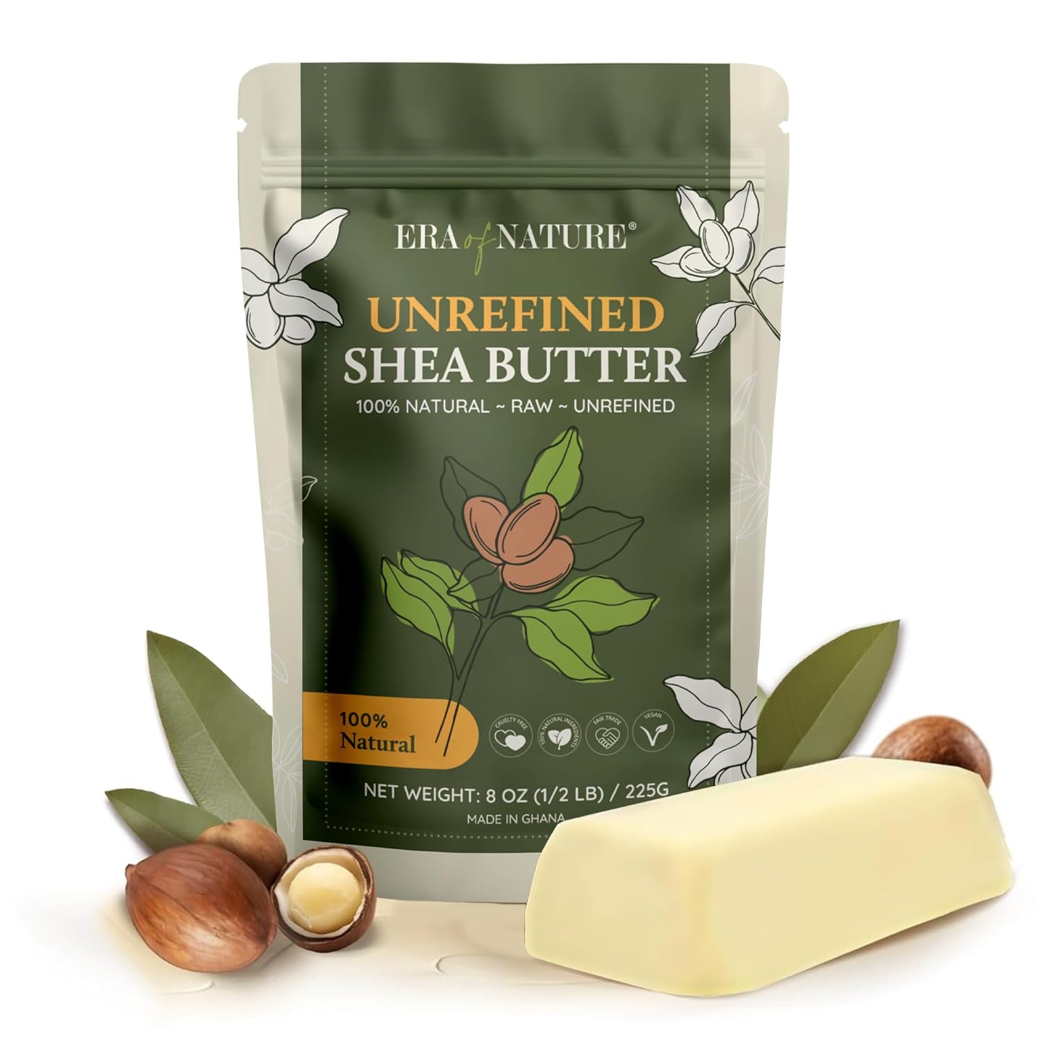 Organic Unrefined Raw African Ivory White Shea Butter 8oz - Moisturizing Raw Shea Butter Bar for Skin & Hair, DIY Lip Balm Base, Cream, Soap & Lotion Making Supplies Kit, Skincare