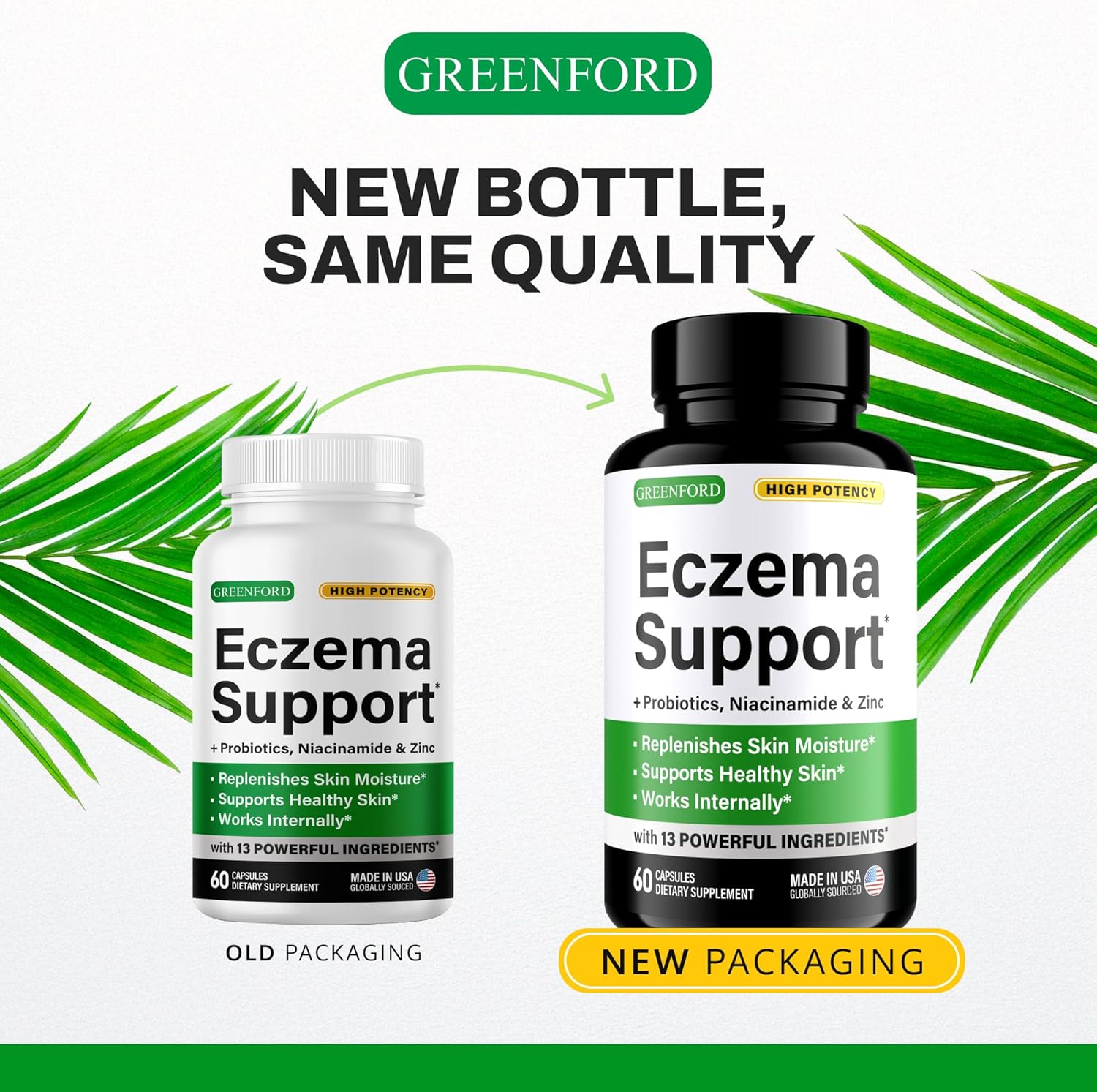 Greenford Eczema Treatment & Support for Natural Relief - Made in USA - Skin Vitamins & Herbals for Eczema, Acne, Psoriasis, Rosacea Treatment with Zinc, Niacinamide & Probiotics - 60 caps - Image 3
