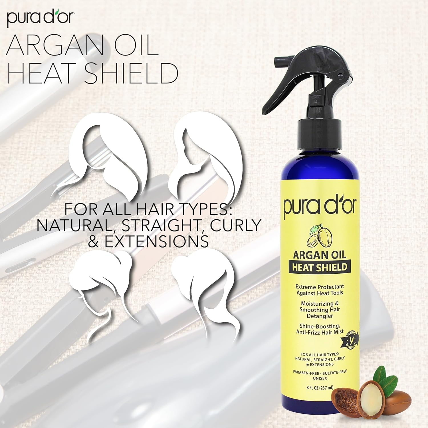 PURA D'OR 8 Oz Argan Oil Heat Shield Protectant Spray with Select Organic Ingredients, Protects Up To 450º F From Flat Iron & Hot Blow Dry, Leave-In, Define & Shine Dry & Damaged Hair - Image 3