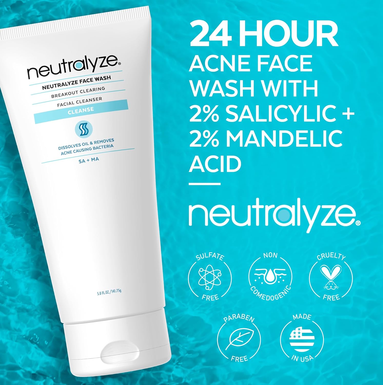Acne Wash for Face with 2% Mandelic Acid & 2% Salicylic Acid - Professional Grade, A.H.A. + B.H.A. Facial Cleanser for Acne Prone Skin (90+ Day) - Image 3