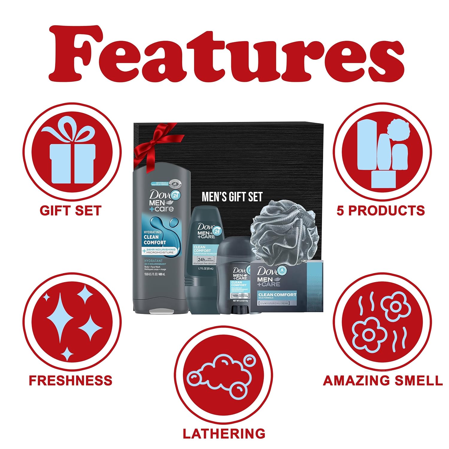 Dove Men+Care Father's Day 5 Piece Gift Set with Body Wash, Deodorant Stick, Roll On, Bar Soap, and Shower Pouf - Image 2