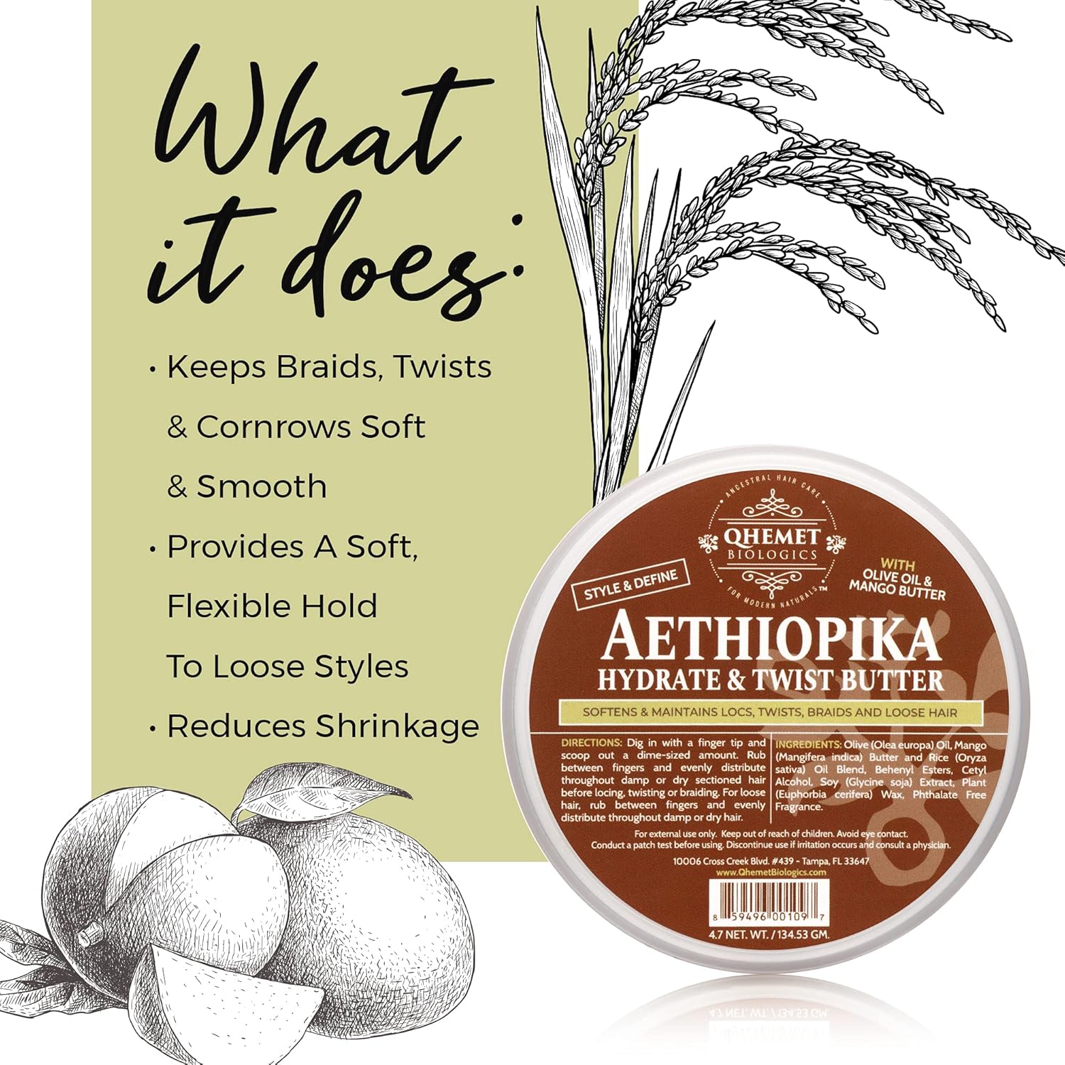 Qhemet Biologics Aethiopika Hydrate & Twist Butter - Frizz-Free Styling Butter Adds Flexible Definition to High & Low Porosity Hair - Smooth Edges, Soften & Flatten Locs, Twists & Braids (4.7 oz) - Image 3