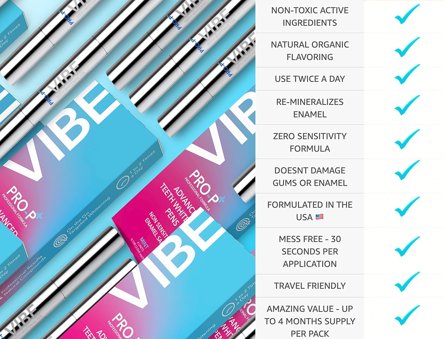 Vibe Teeth Whitening Pens, Healthy, Peroxide Free 4 Pack, Non-Toxic Fast Results, 3ml per pen, Vegan, Painless, teeth whitening kit for sensitive teeth, Travel Sized, Easy to Use, Organic Mint Flavor - Image 4