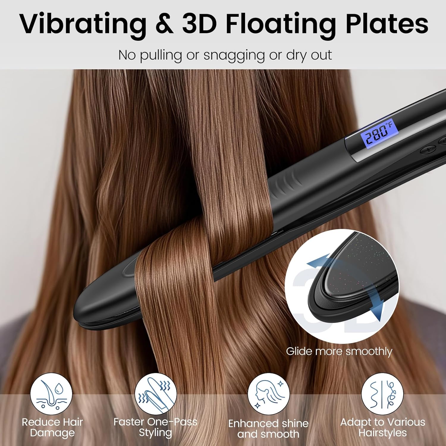 Brightup Tourmaline Ceramic Hair Straightener and Curler 2 in 1 with 1" Vibrating Plates, Ionic Flat Iron with 10 Temp Control/Auto Shut Off, 20S Fast Heating for Smooth Salon Results, Black - Image 6