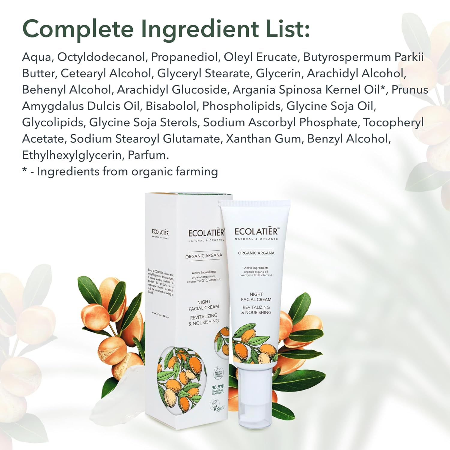 Night Cream with Organic Argan Oil – Revitalizing & Nourishing, Anti-Aging Face Moisturizer with Vitamin C, Vegan, 97.7% Natural Ingredients, 1.7 Fl Oz - ECOLATIER - Image 7