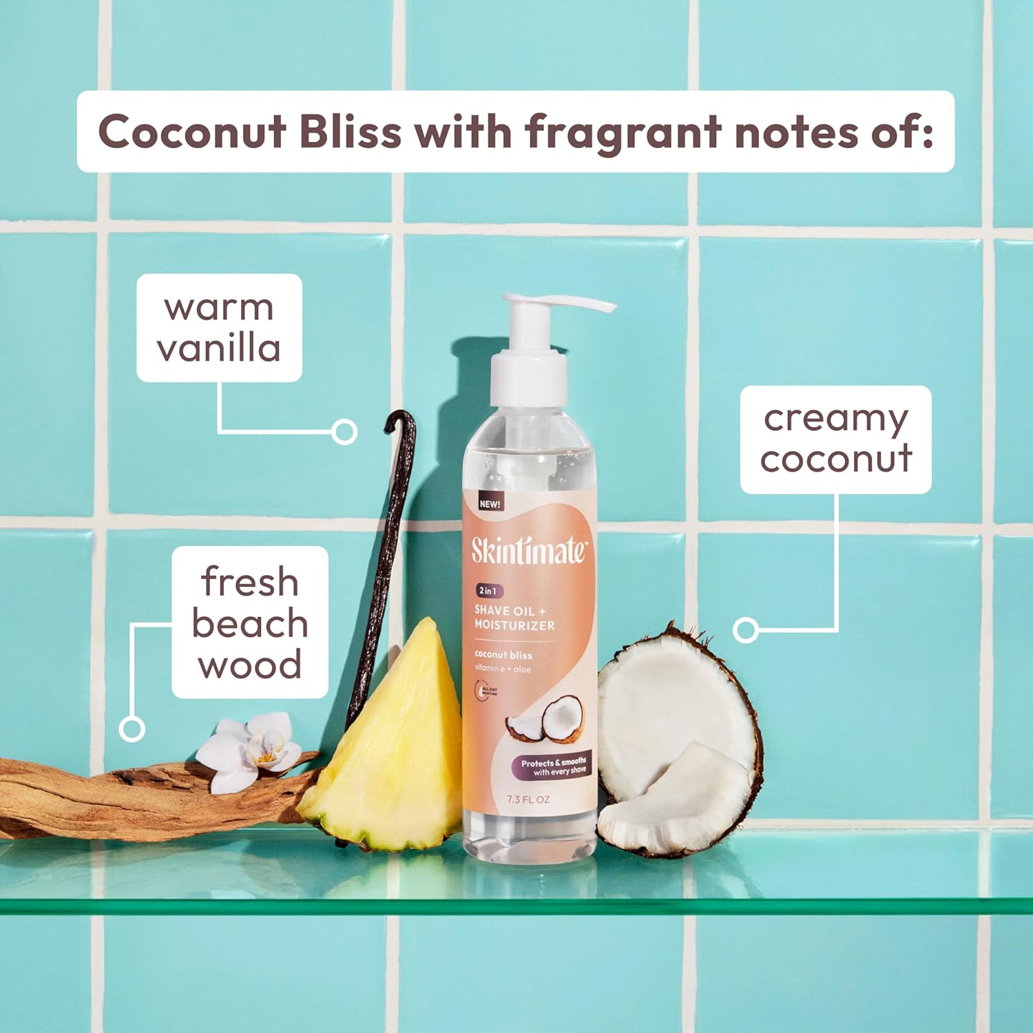 Skintimate 2-in-1 Shave Oil & Moisturizer, Coconut Bliss, 7.3oz | Shaving Oil, After Shave for Women Bikini Area Moisturizer with Vitamin E and Aloe, Shaving Cream Alternative, 7.3 fl oz - Image 7
