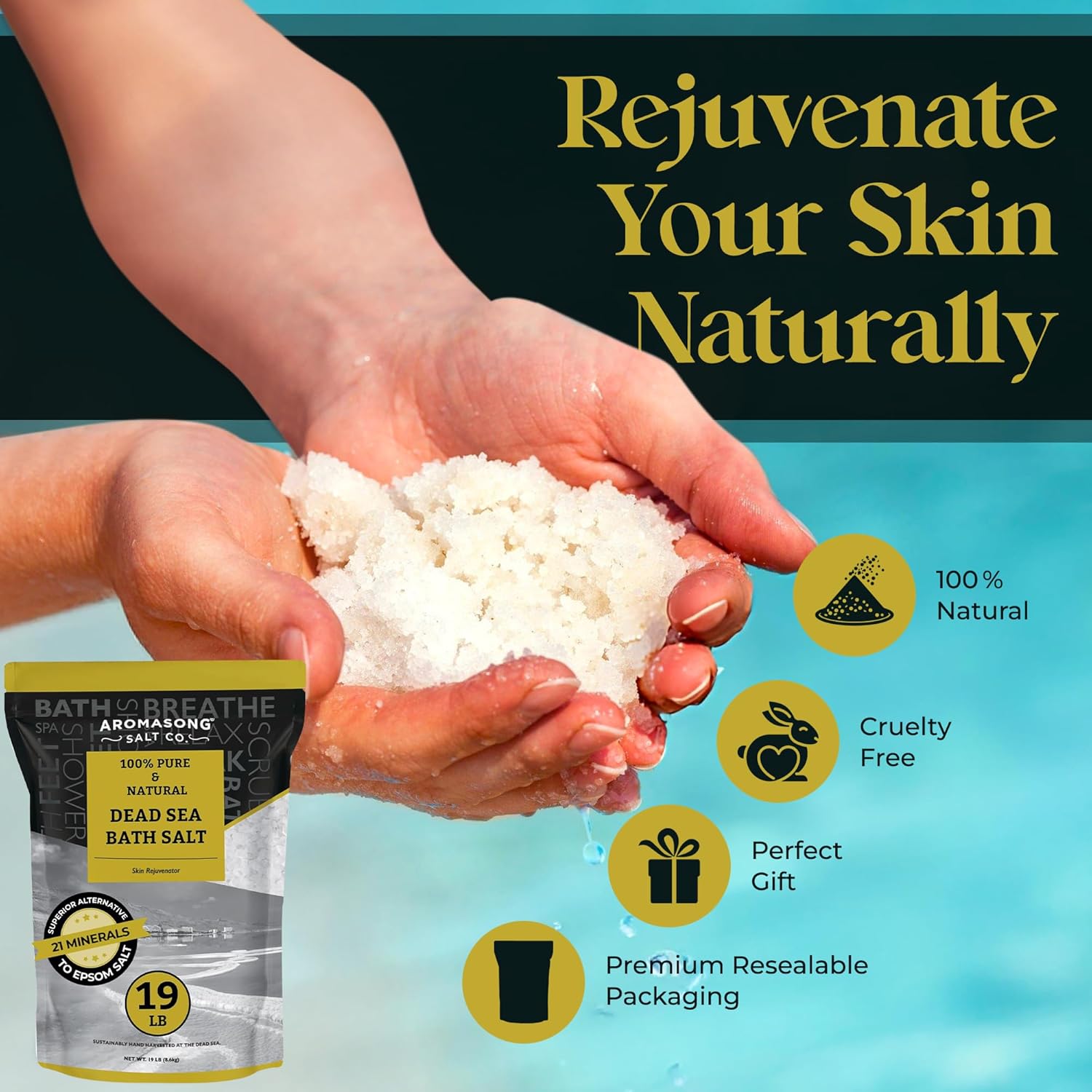 Aromasong Dead Sea Salt - Spa Bath Salt - 19 Lbs Fine Grain Bulk - 100% Pure - Better Absorbing Than Epsom Salt - Soak for Women & Men for Skin Issues and to Relax Tired Muscles - Resealable Pack. - Image 3