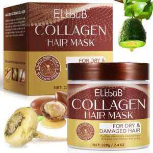 Collagen Hair Mask with Peruvian Ginseng, Avocado Oil, Marigold & Chamomile - Deep Repair Treatment for Dry, Damaged Hair - Restores Shine, Hydration & Strength - Suitable for All Hair Types