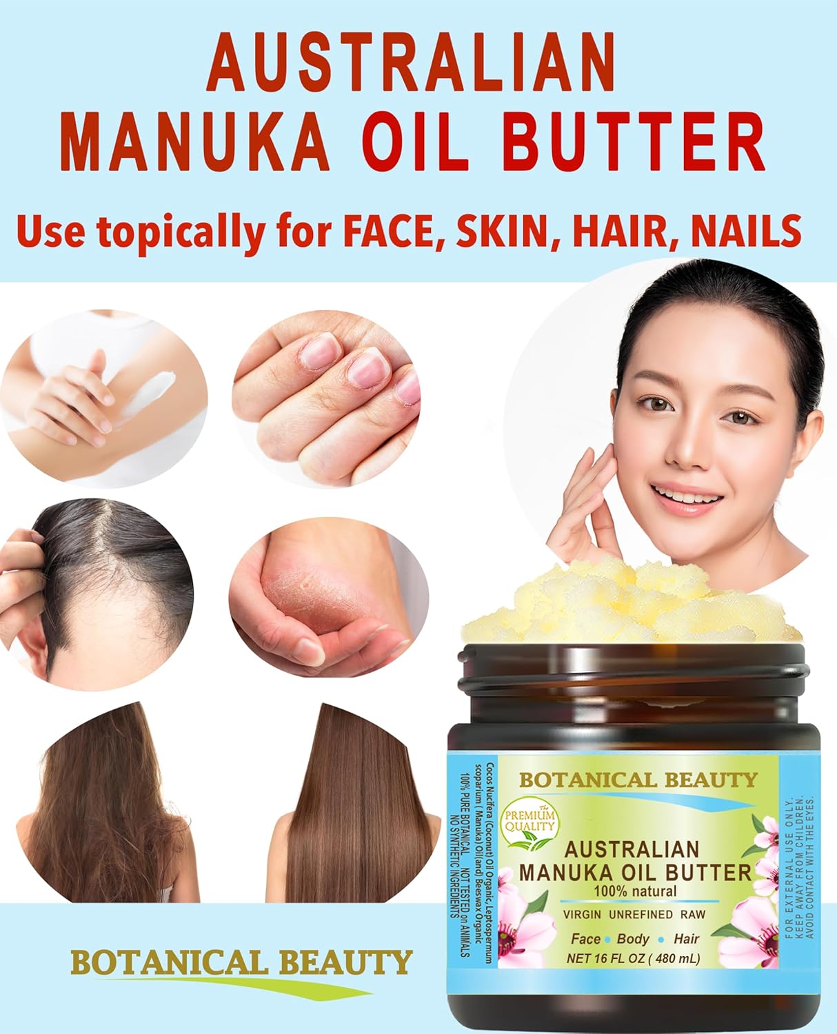 Botanical Beauty MANUKA OIL BUTTER Australian RAW VIRGIN UNREFINED for Face, Body, Hair. Dry Skin, Cracked Hands with Cocoa Cacao Butter and Manuka Honey Essential Oil 8 Fl. oz. 240 ml - Image 3