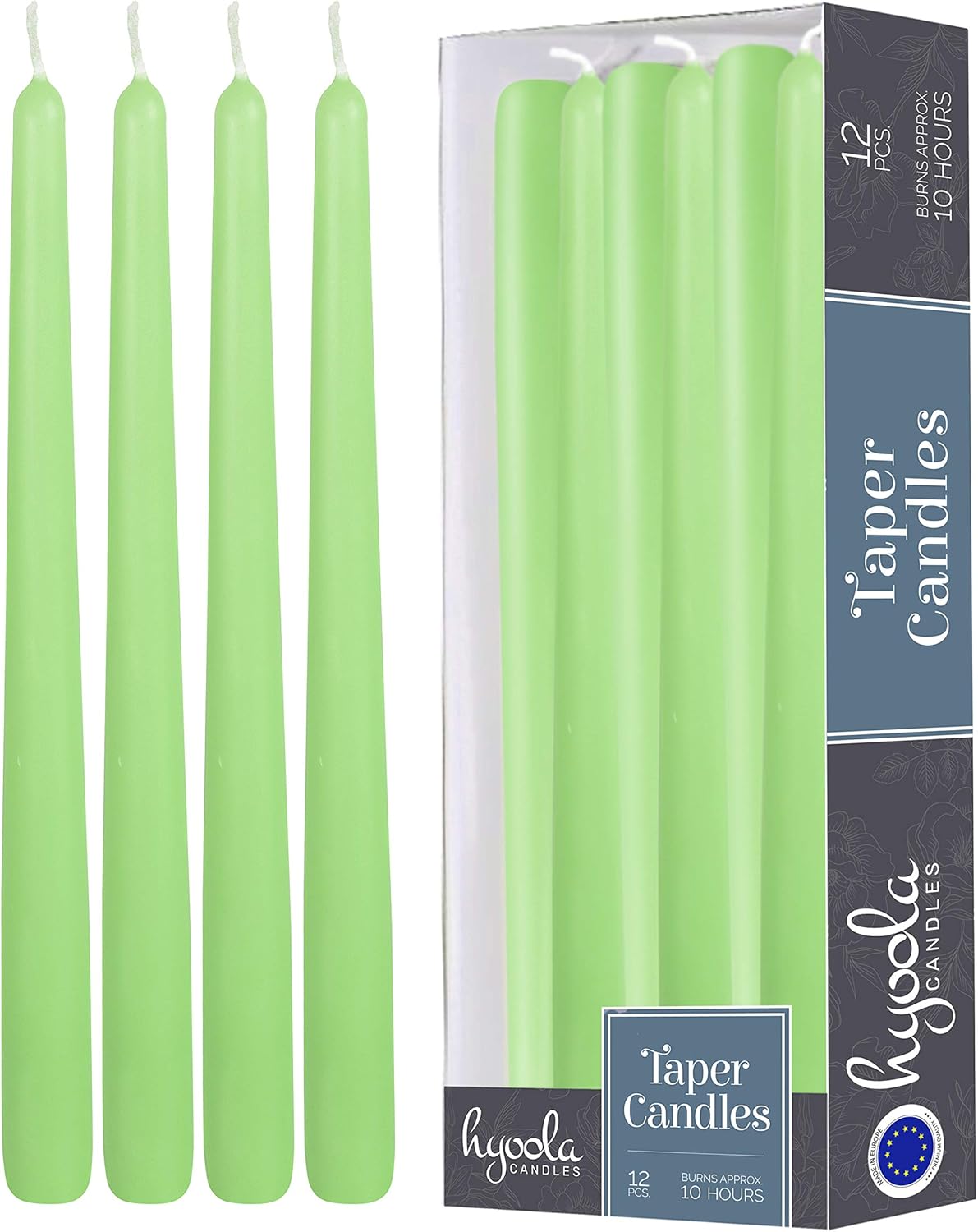 Hyoola 12 Pack Tall Taper Candles - 12 Inch Celery Green Dripless, Unscented Dinner Candle - Paraffin Wax with Cotton Wicks - 10 Hour Burn Time