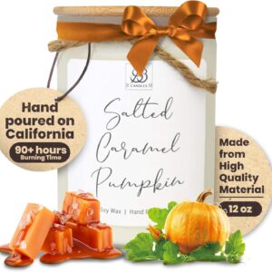 Winter & Fall Collection - Natural Soy Hand Poured Fragrant Candles, Frosted Jars with Bamboo Lid, Home Decor & Relaxation, 90+ Hours Burn Time, 12oz (Fall Label - Salted Caramel Pumpkin)