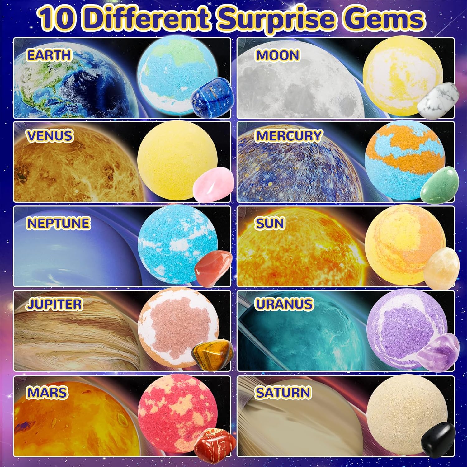 10 Pack Organic Galaxy Bath Bombs with Surprise Toys and Solar System Gemstones for Kids - Image 2