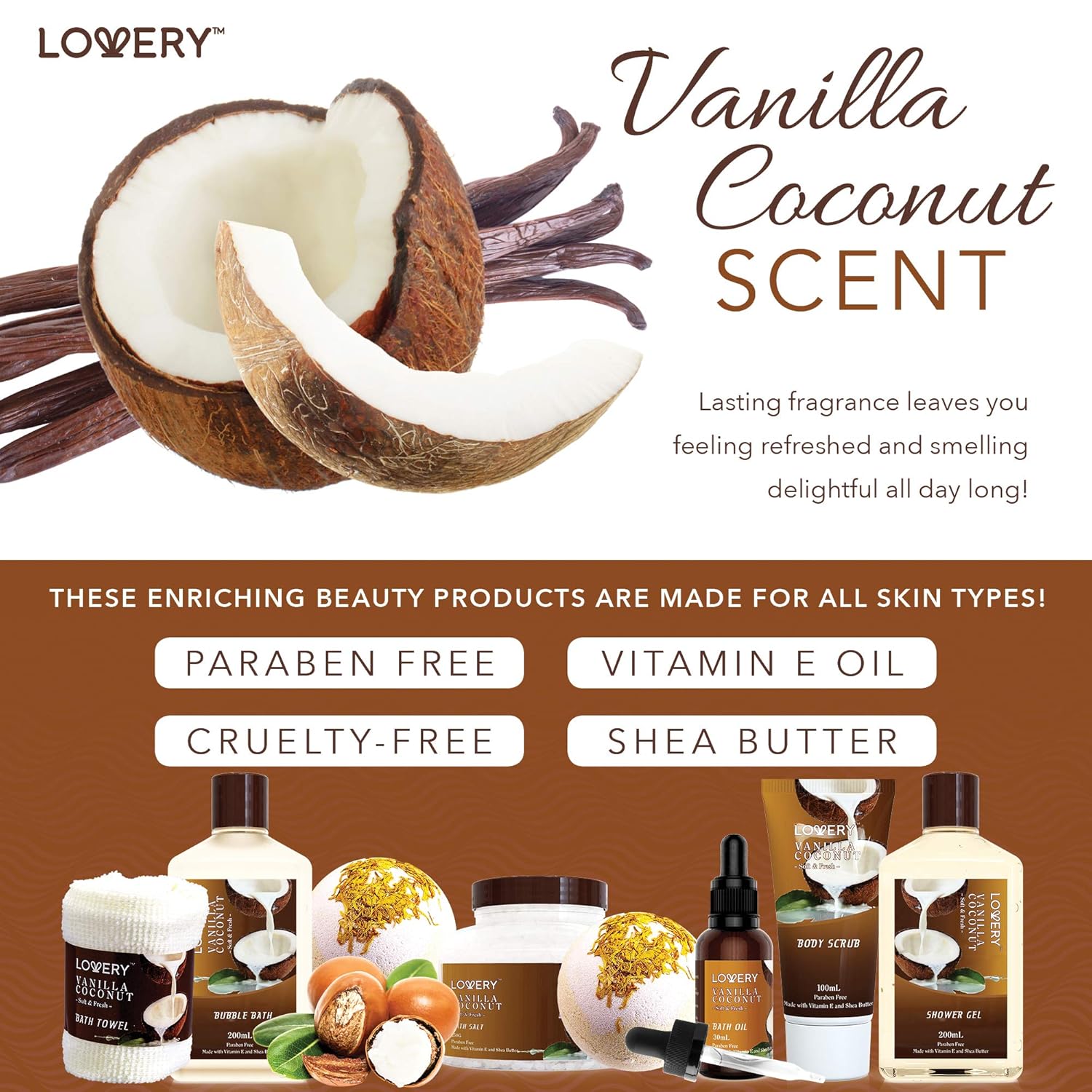 Vanilla Coconut Home Spa Set for Women and Men – 9 Piece Luxury Bath Gift Basket with Lotions, Extra Large Bath Bombs, Coconut Oil, Towel - Image 4