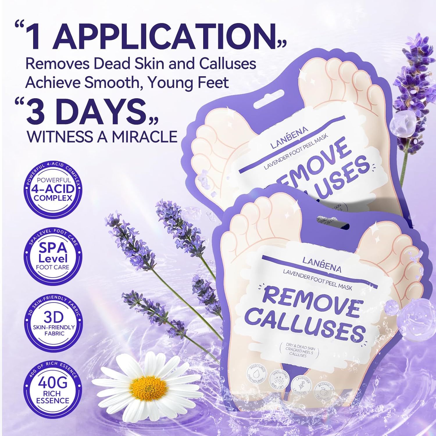 LANBENA Lavender Foot Peel Mask for Soft Feet, Removes Dead Skin and Calluses, 2 Pairs - Image 2