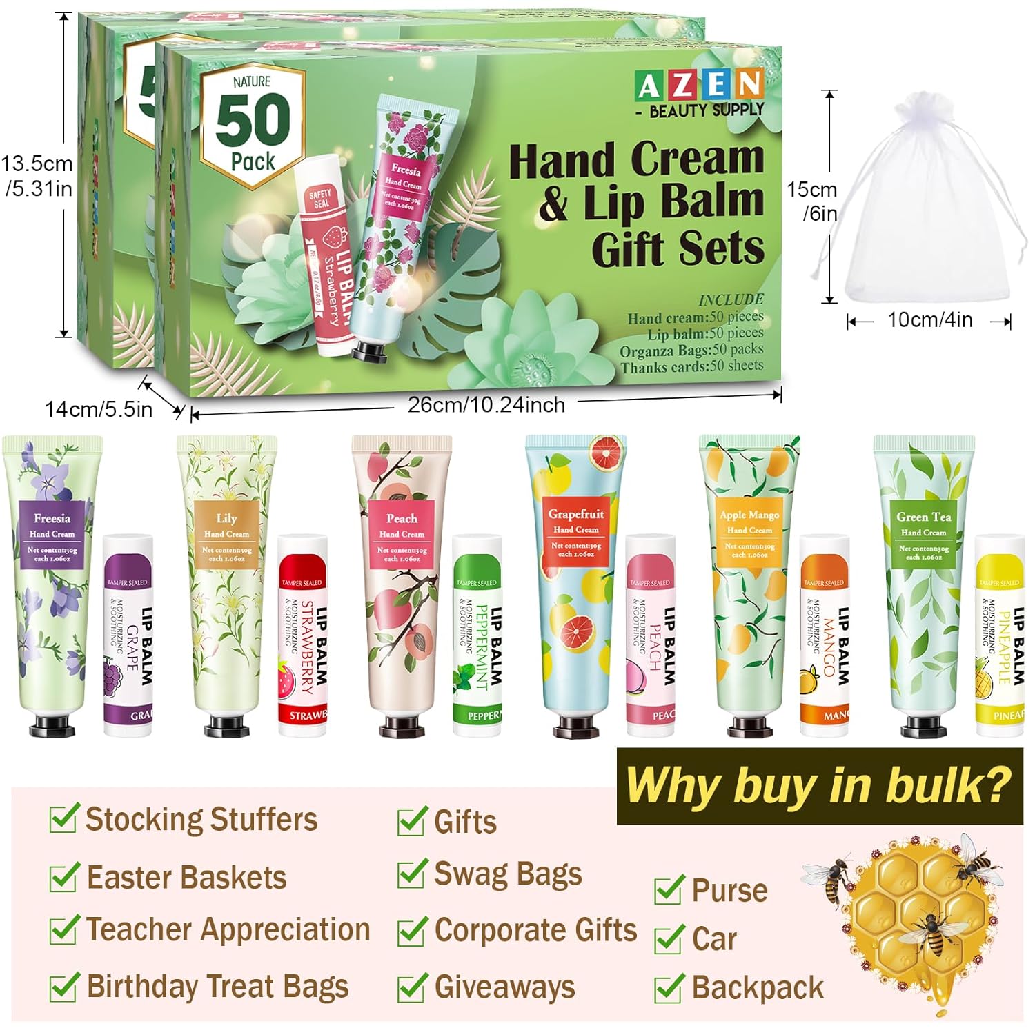 AZEN 100-Piece Hand Cream and Lip Balm Set with Organza Bag Thank You Card Guest Favors - Image 6