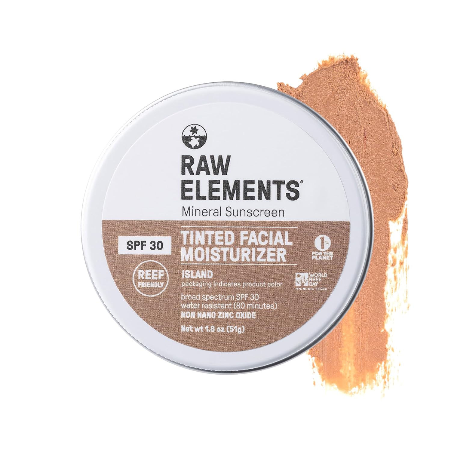 Raw Element Ultra-Moisturizing Tinted Face Cream, Non Toxic Mineral Face Sunscreen, Daily Tinted Moisturizer, Non-Nano Zinc Oxide, Reef Friendly, All Ages, SPF 30, 1.8 oz, Island, Pack of 1