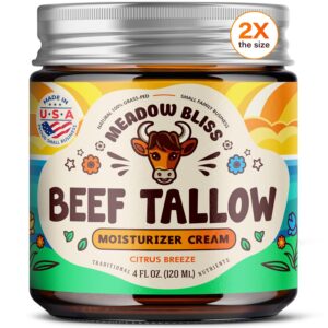Beef Tallow for Skin - Moisturizer Cream - 100% Grass Fed - Whipped Beef Tallow - Organic Jojoba Oil - Organic Shea Butter - Supports Eczema, Rosacea+ - Made in USA - Citrus Breeze - 4 oz