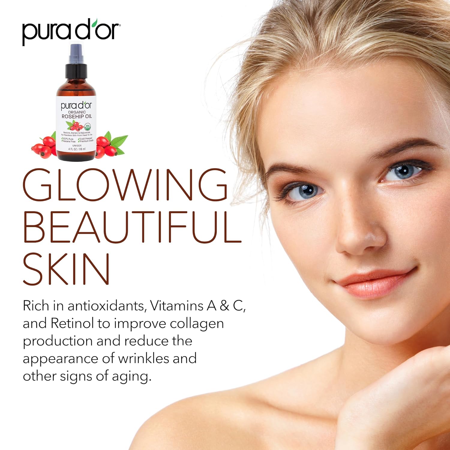 PURA D'OR 4 Oz ORGANIC Rosehip Seed Oil Hair Relaxer 100% Pure Cold Pressed USDA Certified All Natural For Anti-Aging, Scar Treatment, Face, Hair Relaxer & Skin Moisturizer - Women & Men - Image 5