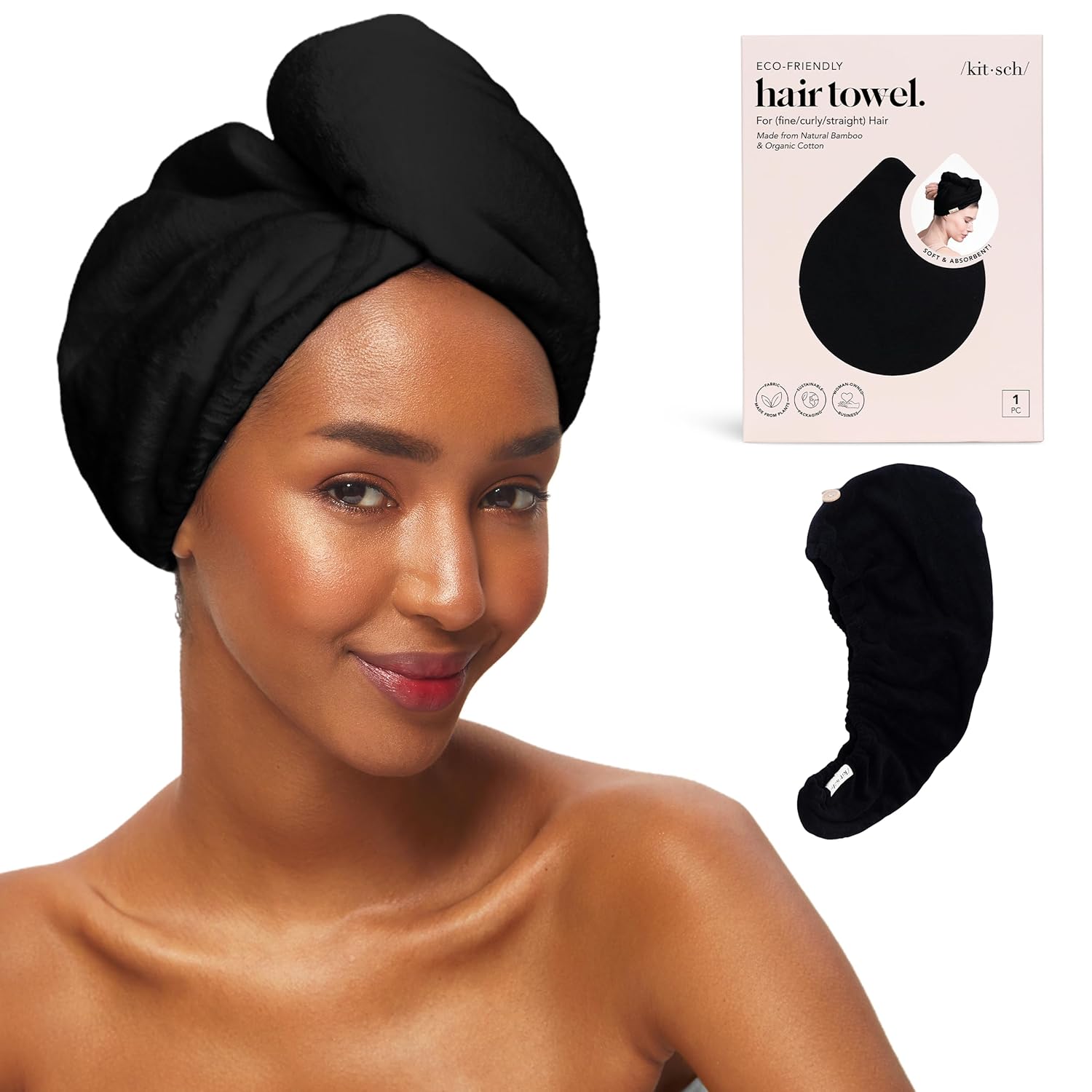 Kitsch Microfiber Hair Towel Wrap for Women - Super Absorbent Hair Drying Towel - Quick Dry, Anti-Frizz - for Long & Short, Wet & Curly Hair - Black