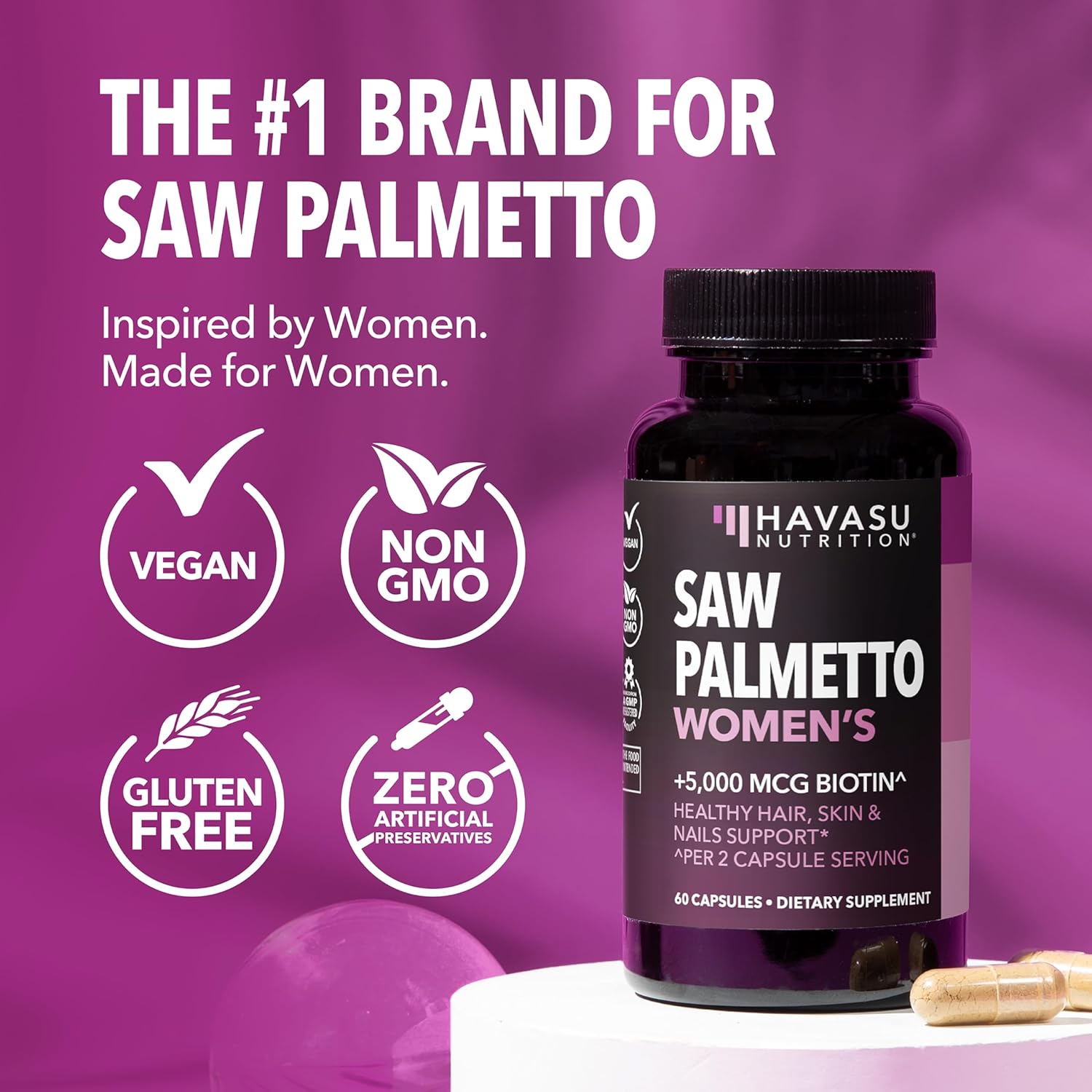 Saw Palmetto for Women with Biotin 5000mcg - Powerful DHT Blocker to Support Hair, Skin, and Nail Health - 60 Count - Vegan, Non-GMO Vitamin for Stronger, Fuller Looking Locks - 1 Month Supply - Image 8