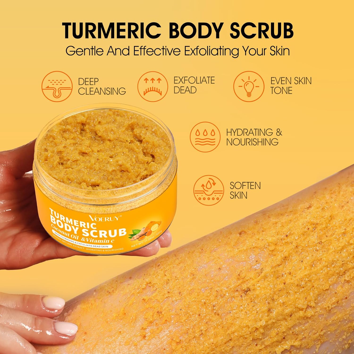 Body Scrub,Turmeric Exfoliating Body Scrub, with Coconut Oil & Vitamin C, Bikini Area Exfoliator Gently Exfoliate Body Hand and Foot Scrub, Moisturized Skin for Women and Men, 11.28oz/320g - Image 3