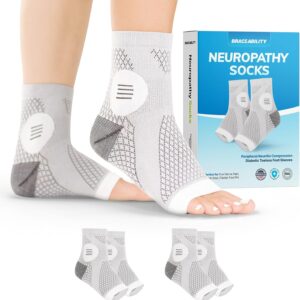 BraceAbility Neuropathy Socks (2 Pairs) - Multipack Peripheral Compression Diabetic Toeless Foot Sleeves for Nerve Damage in Feet, Ankle Gout, Plantar Fasciitis Relief for Men and Women (S - Gray)