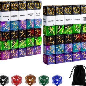 SIXPOINTS 65PCS MTG Dice Counters Bulk Ability Keywords ＋1/－1 Tokens 6 Sided & D20 Dice Set for Magic The Gathering, MTG, TCG, Card Games Accessories