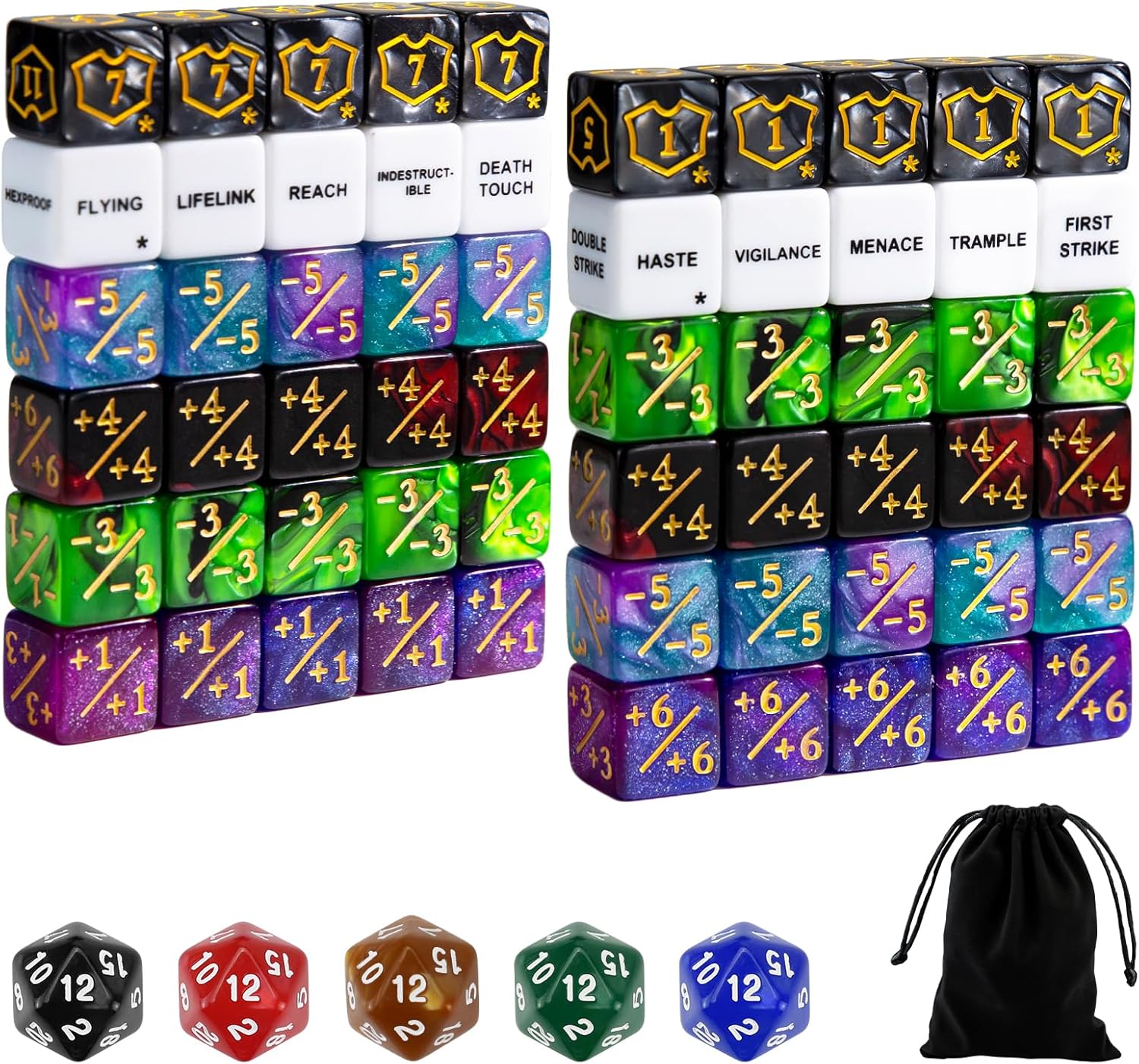 SIXPOINTS 65PCS MTG Dice Counters Bulk Ability Keywords +1/-1 Tokens 6 Sided & D20 Dice Set for Magic The Gathering, MTG, TCG, Card Games Accessories