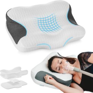 Elviros Cervical Neck CPAP Pillow for Sleeping, Ergonomic Adjustable Height Neck Support Memory Foam Bed Pillow for CPAP Users with Sleep Apnea, Suitable for Side and Back Sleepers
