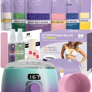 BLITZWAX Brazilian and Bikini Waxing Kit for Women, Hard Wax Warmer for Face, Legs, and Body, At Home Hair Removal Kit, Beginner Friendly, Quick Heating, 32pcs Wax Spatulas