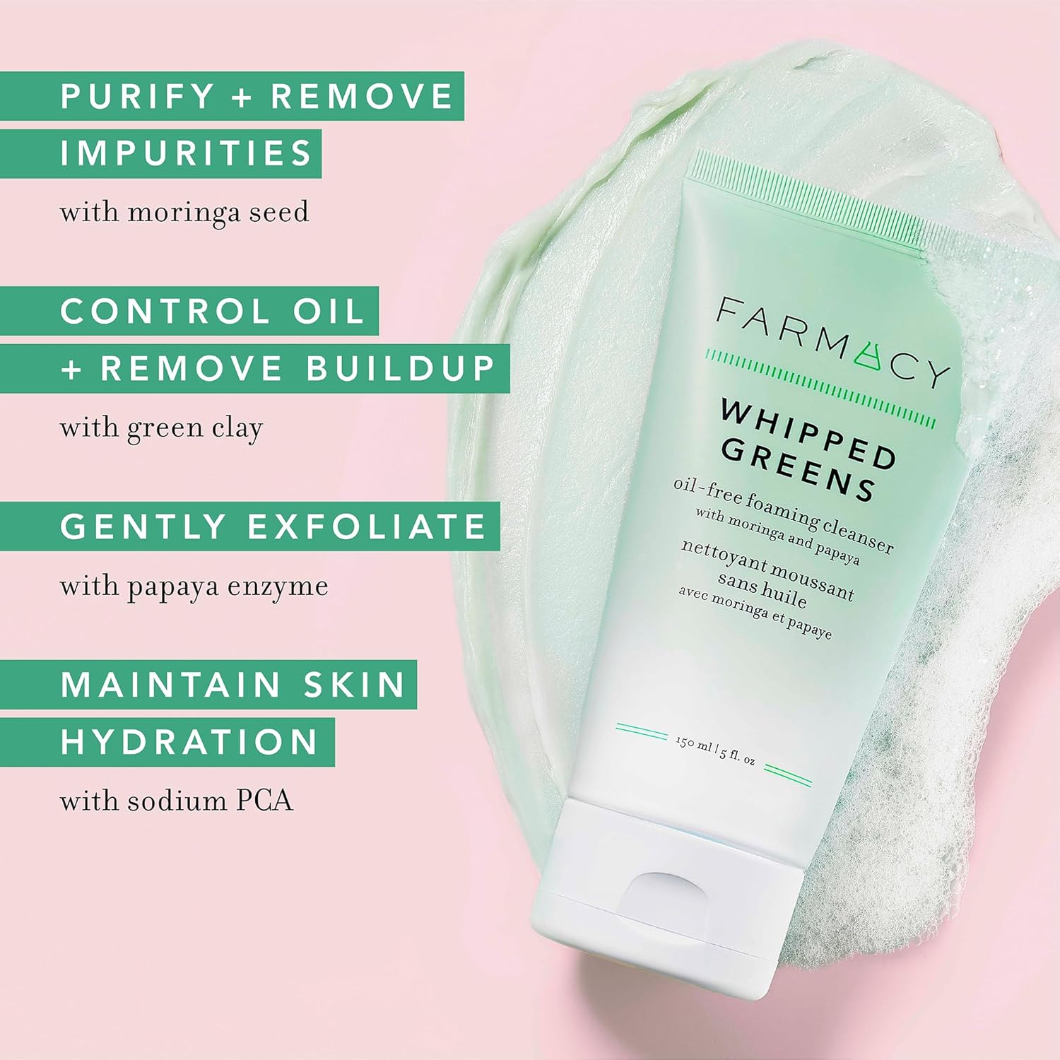 Farmacy Foaming Face Wash for Oily Skin - Whipped Greens Oil-Free Gentle Facial Cleanser + Exfoliator - Infused with Green Clay to Remove Impurities, Control Oil + Maintain Skin Hydration (150ml) - Image 3