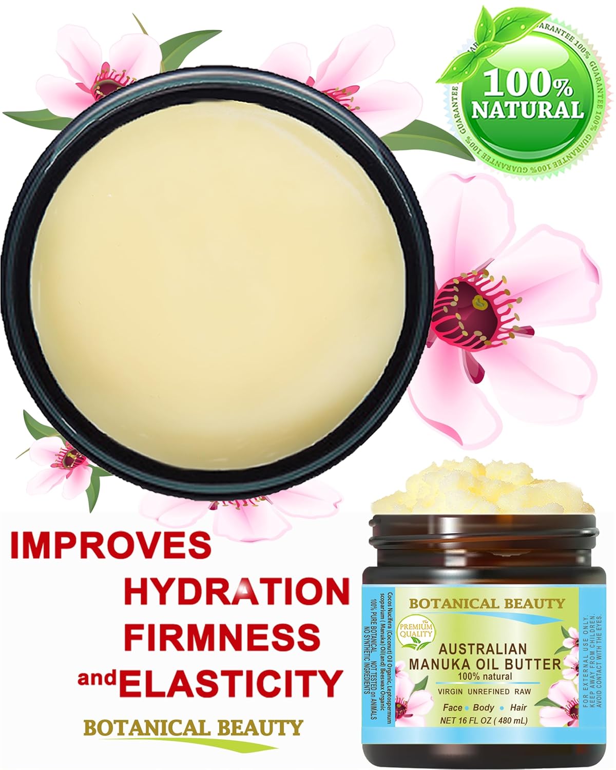 Botanical Beauty MANUKA OIL BUTTER Australian RAW VIRGIN UNREFINED for Face, Body, Hair. Dry Skin, Cracked Hands with Cocoa Cacao Butter and Manuka Honey Essential Oil 8 Fl. oz. 240 ml - Image 6