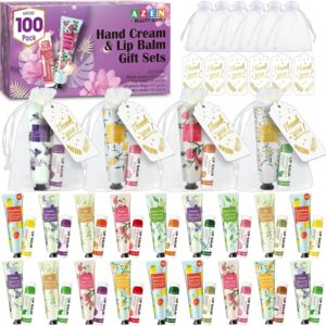 AZEN 100 Sets Hand Cream and Lip Balm Set with Organza Bag Thank You Card, Baby Shower Wedding Gifts for Guests, Bridal Souvenirs for Colleagues Employee Coworkers, Party Favor for Female Friends