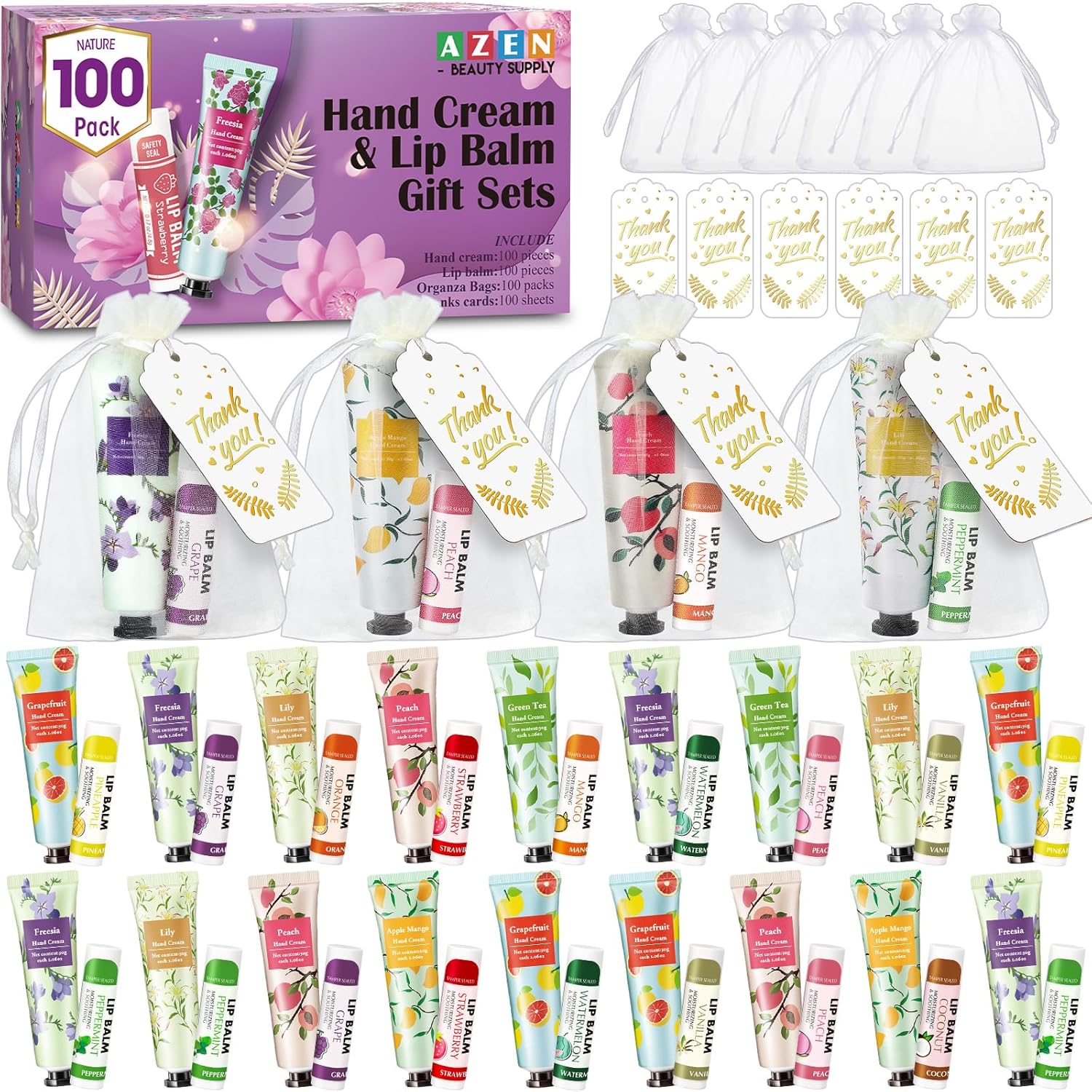 AZEN 100 Sets Hand Cream and Lip Balm Set with Organza Bag Thank You Card, Baby Shower Wedding Gifts for Guests, Bridal Souvenirs for Colleagues Employee Coworkers, Party Favor for Female Friends