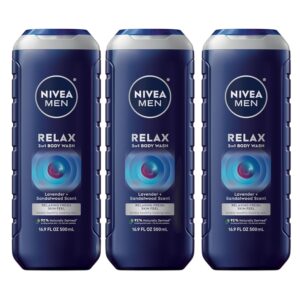 NIVEA MEN Relax 3-in-1 Body Wash, Lavender and Sandalwood Scent, 3-in-1 Men's Body Wash, Face and Hair, Paraben Free, Vegan Formula, 16.9 Fl Oz Bottle, Pack of 3