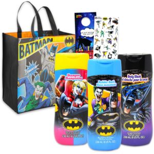 Ultimate Batman Bathroom Set - Bundle with Justice League Shampoo, Body Wash, Bubble Bath, Tote Bag, Stickers, More | Batman Bath and Shower Supplies Kit for Kids, Boys