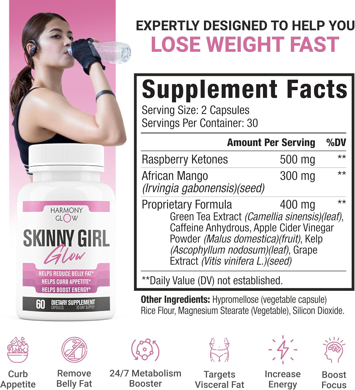 Skinny Girl Glow | Max Strength Weight Loss Pills for Women to Lose Belly Fat | Appetite Suppressant, Belly Fat Burner, Carb Blocker, Energy Booster | 7 Ultra Ingredients for Results - 60 Capsules - Image 2