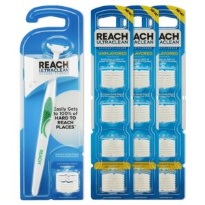 Reach Ultraclean Access Flosser Bundle, Unflavored, Plaque Remover for Teeth, for Hard to Reach Areas, Oral Care, PFAS-Free, 1 Flosser Starter Kit + 3 Packs Refill Heads