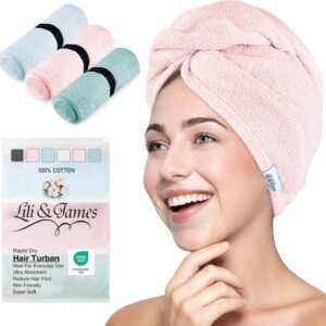 Cotton Hair Towel Wrap for Women/Kids | Quick Dry, Soft & Absorbent 420-GSM Hair Wrap Towels with Double Button | Anti Frizz, Non Microfiber Hair Turbans for Curly, Long & Thick Hair (Blue+Pink+Aqua)