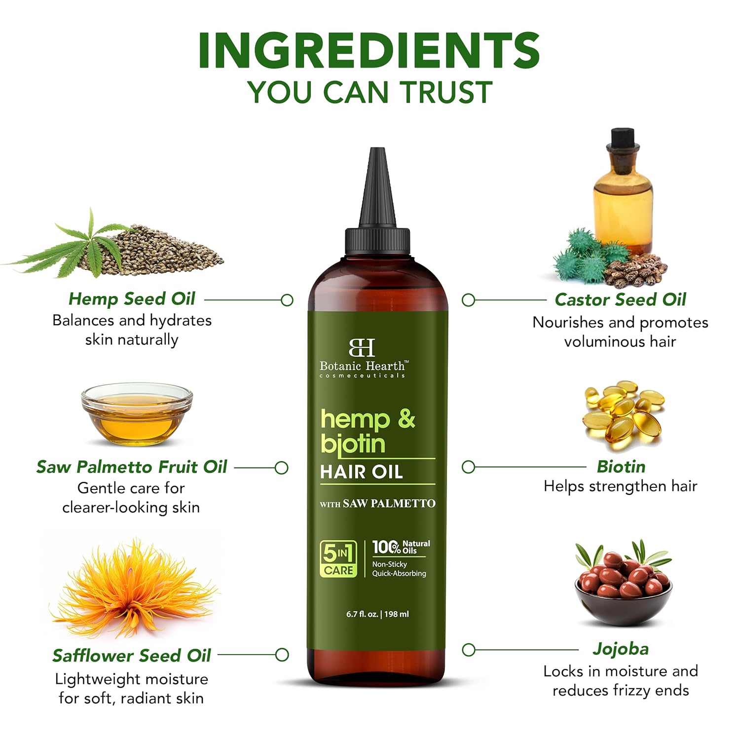 Botanic Hearth Hemp & Biotin Hair Oil (6.7 fl oz) | Nourishing and Strengthening Hair Treatment for Thicker, Healthier-Looking Hair | Paraben Free | Suitable for All Hair Types - Image 2