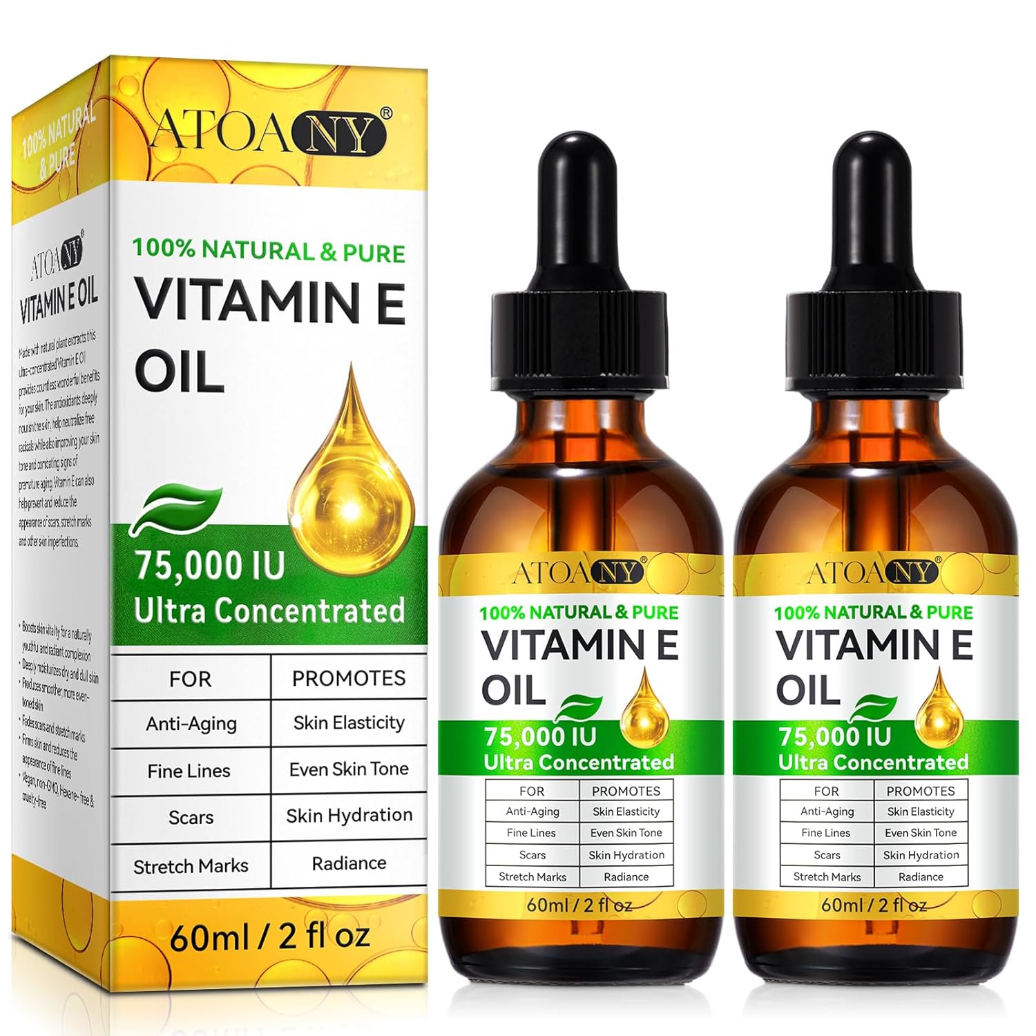 Vitamin E Oil for Skin, Scars and Face, Pure Vitamin E Oil 75,000 IU, Reduce Scars, Fine Lines, Moisturize and Radiant Skin for Whole Body, 2 Pcs