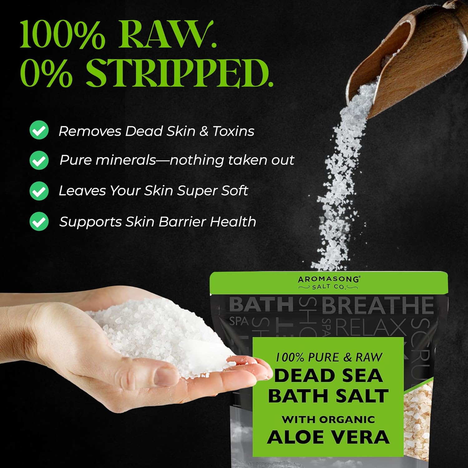 Aromasong 5 lbs Raw Dead Sea Salt with Organic Aloe Vera, not Cleaned, Still Contains All Dead sea Minerals Including Dead sea Mud, Fine Medium Grain Large resealable Bulk Pack (Packaging May Vary) - Image 2