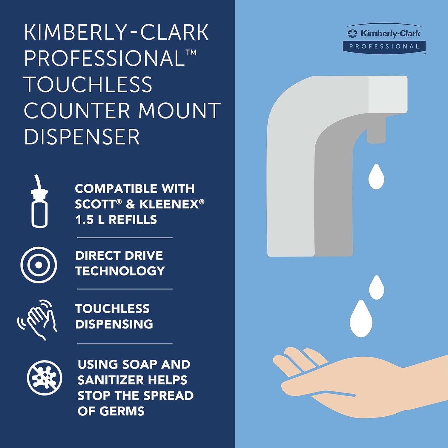 Kimberly-Clark Professional™ Touchless Counter Mount Soap and Hand Sanitizer Dispenser (47604), Chrome, 1.5 L Capacity, 2.12" x 4.25" x 5.56" (Qty 1) - Image 10