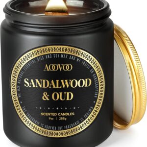 AOOVOO Scented Candles for Men - Oud & Sandalwood Candles for Home Scented | Crackling Wood Wick Soy Candles | Strong Fragranced Masculine Black Candle Gift for Women & Men, 9oz
