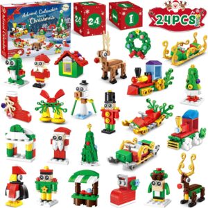 Advent Calendar 2025 Building Blocks Set, 604 Pieces 24 Days Surprise Christmas Countdown Calendar Building Kit Christmas Tree Train Reindeer Sleigh Block Gifts for Kids Boys Girls