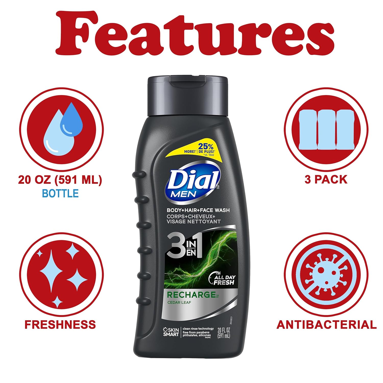 Dial Men Body Wash, 3 Pack, Recharge 3-in-1 Body, Hair and Face Wash, Cedar Leaf Scent, Long Lasting All Day Fresh Body Wash for Men, 20 oz. Each - Image 2