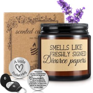 Coume 3 Pcs Divorce Lavender Scented Candle Gifts for Women Funny Candles Pocket Hug Token and PU Leather Keychain Breaking up Friends Sister Coworker Men Female
