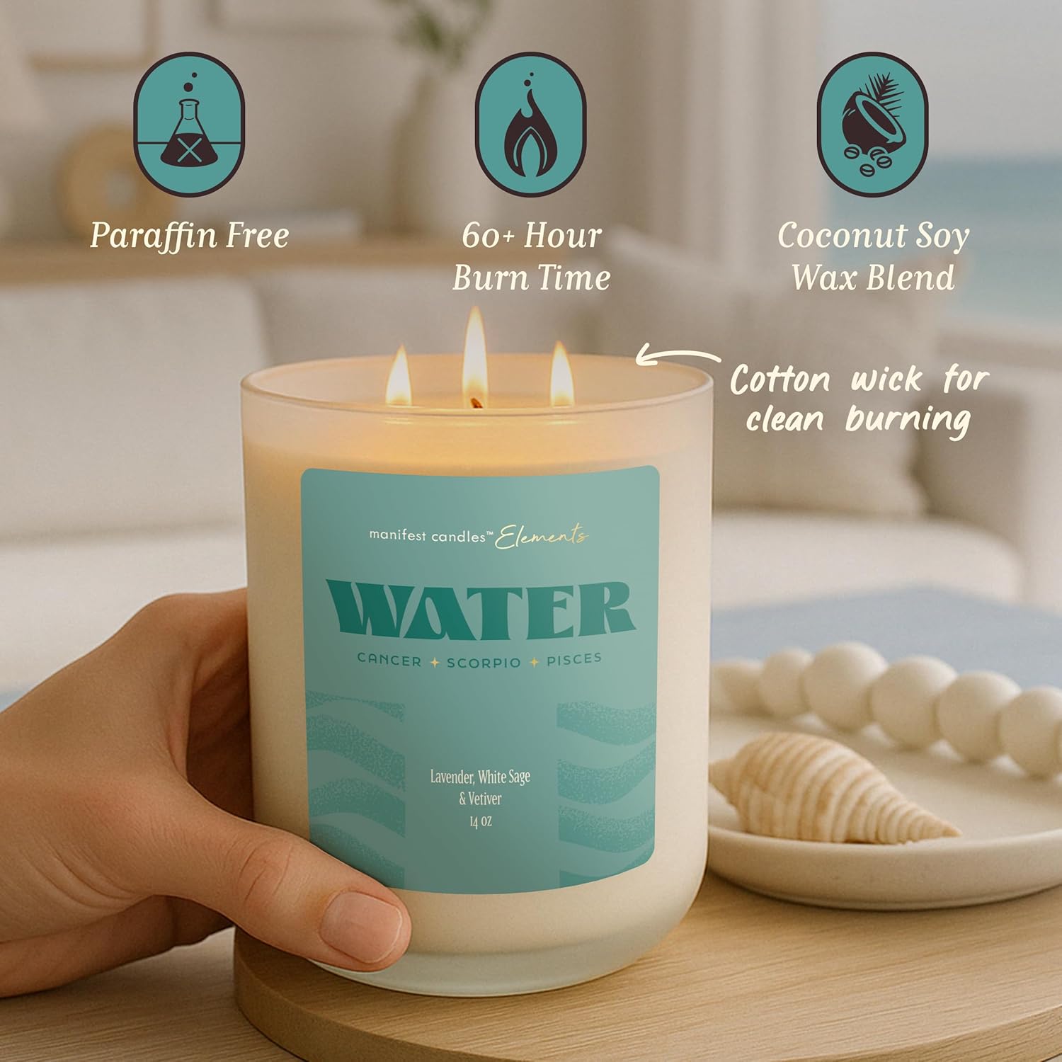 Large 14.5oz 3 Wick Zodiac Water Cancer Pisces Scorpio Zodiac Gifts for Women - 60 Hour Burn - Astrology Gifts for Women, Healing Manifestation Spiritual Candles, Intention Meditation Candle - Image 4