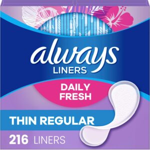 Always Daily Fresh Thin Liners, Regular Absorbency, Unscented Panty Liners, 216 Count (Packaging May Vary)